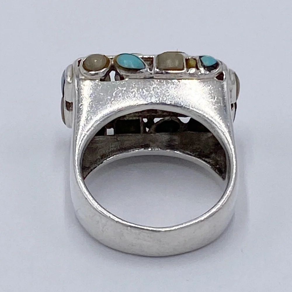 Vintage Turquoise and Cream Cluster Silver Ring